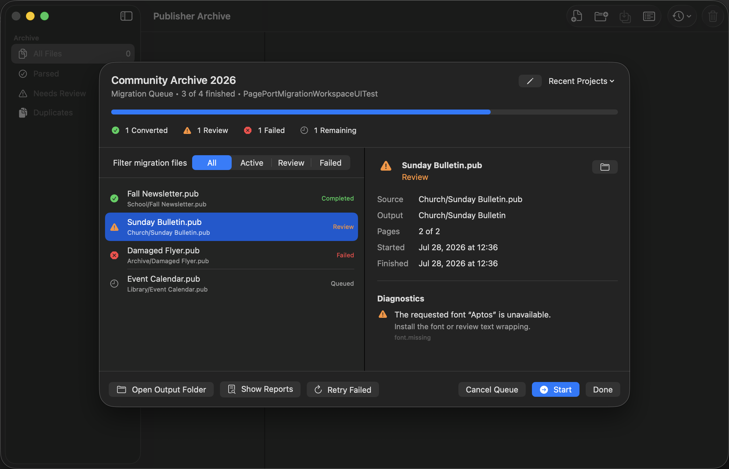 PagePort migration workspace showing converted, review, failed, and queued Publisher files with a missing-font diagnostic